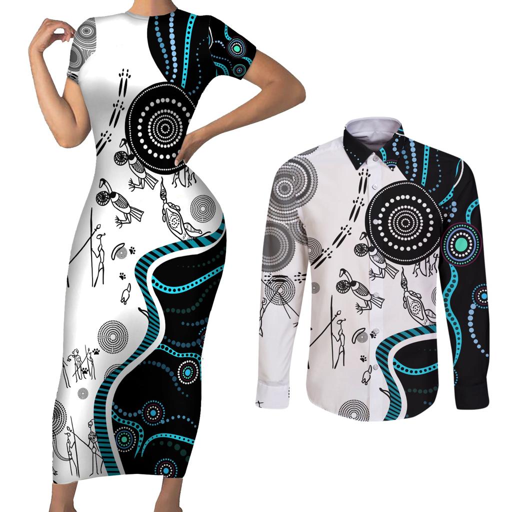 Aboriginal Pattern Torest  Strait Island Couples Matching Short Sleeve Bodycon Dress and Long Sleeve Button Shirt