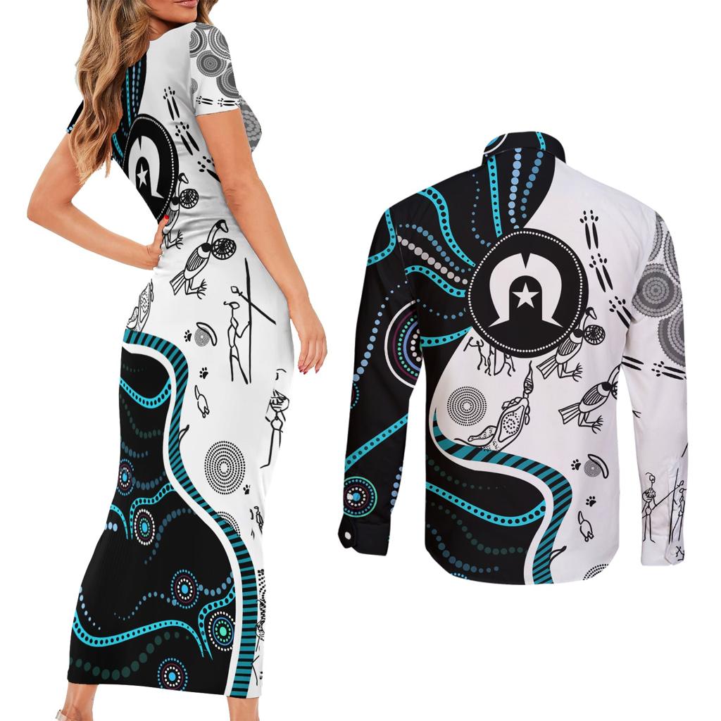 Aboriginal Pattern Torest  Strait Island Couples Matching Short Sleeve Bodycon Dress and Long Sleeve Button Shirt