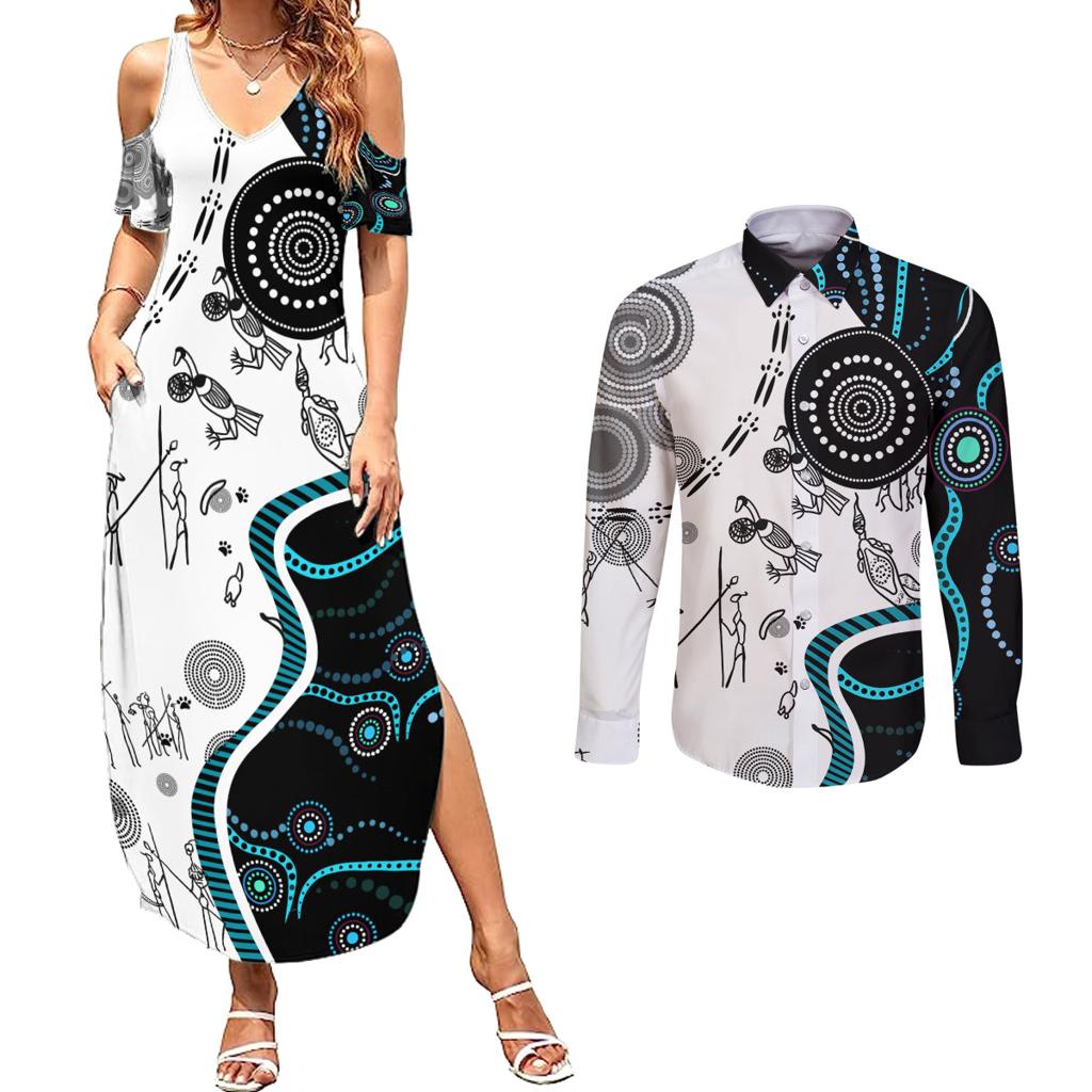 Aboriginal Pattern Torest  Strait Island Couples Matching Summer Maxi Dress and Long Sleeve Button Shirt