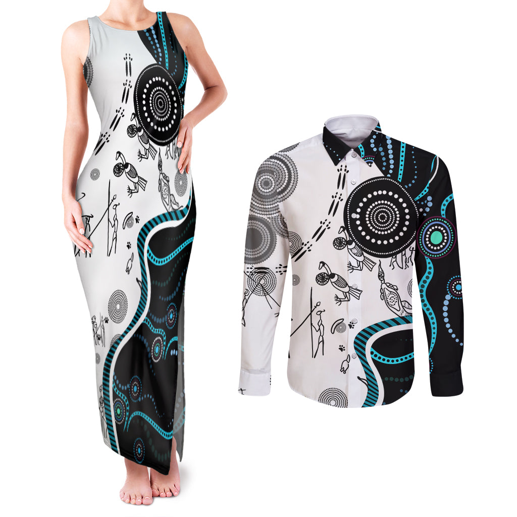 Aboriginal Pattern Torest  Strait Island Couples Matching Tank Maxi Dress and Long Sleeve Button Shirt