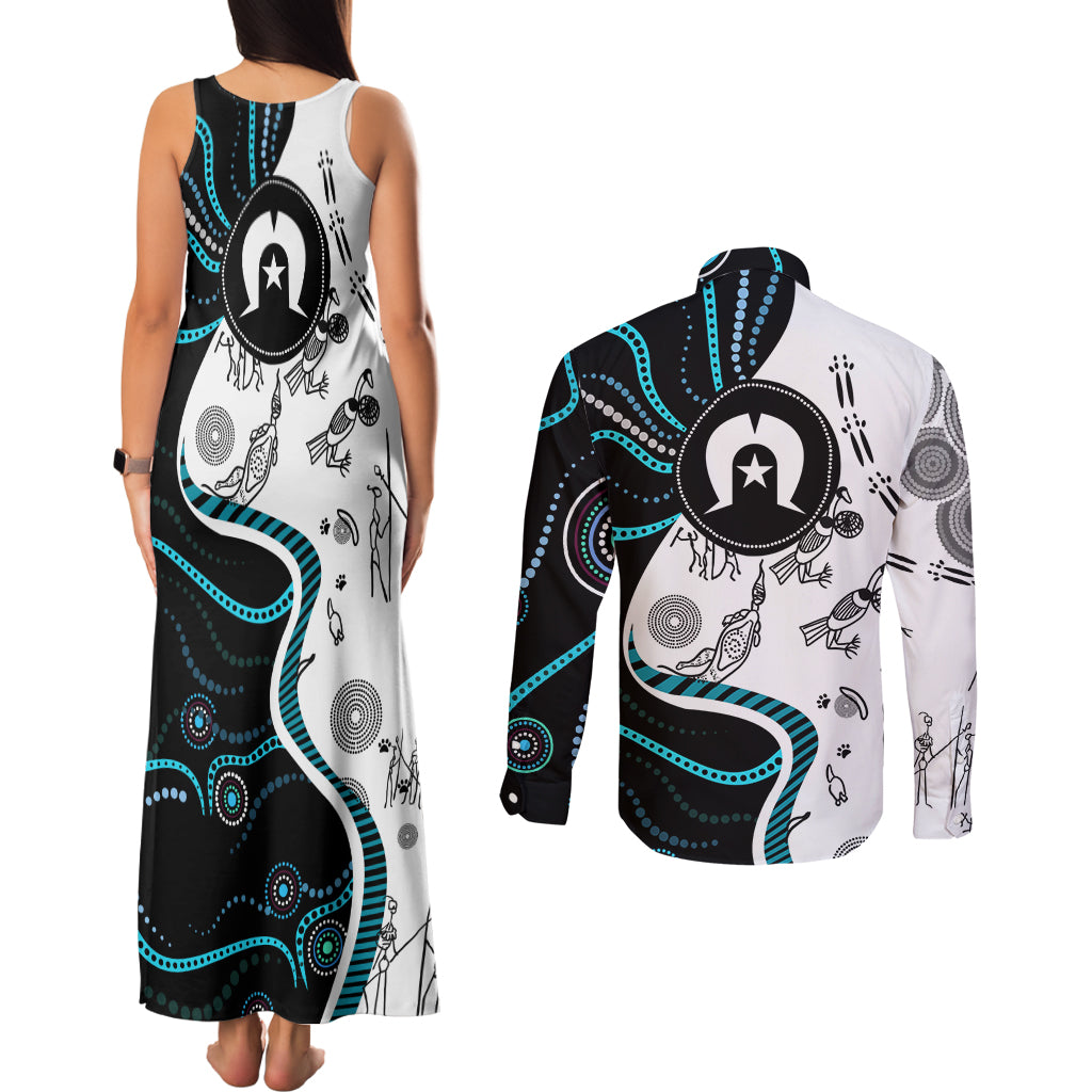Aboriginal Pattern Torest  Strait Island Couples Matching Tank Maxi Dress and Long Sleeve Button Shirt