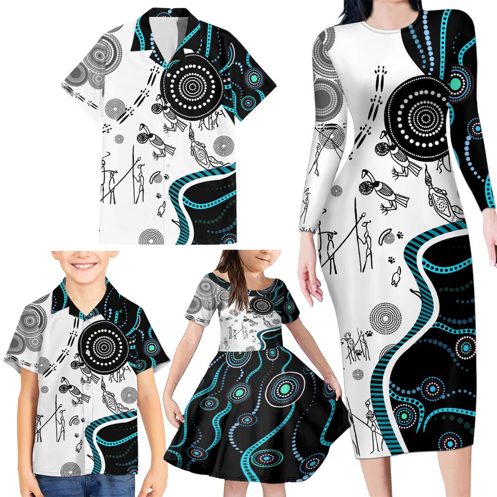 Aboriginal Pattern Torest  Strait Island Family Matching Long Sleeve Bodycon Dress and Hawaiian Shirt