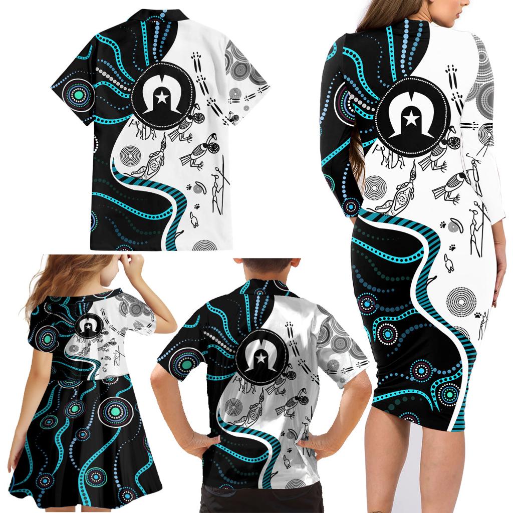 Aboriginal Pattern Torest  Strait Island Family Matching Long Sleeve Bodycon Dress and Hawaiian Shirt