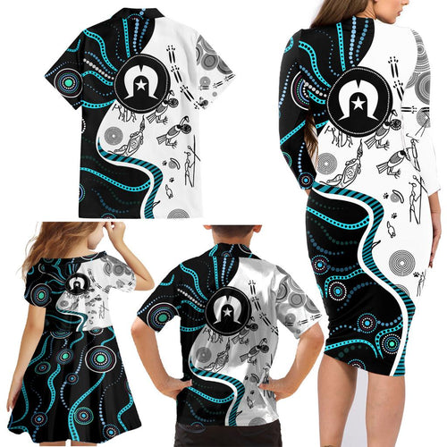 Aboriginal Pattern Torest  Strait Island Family Matching Long Sleeve Bodycon Dress and Hawaiian Shirt