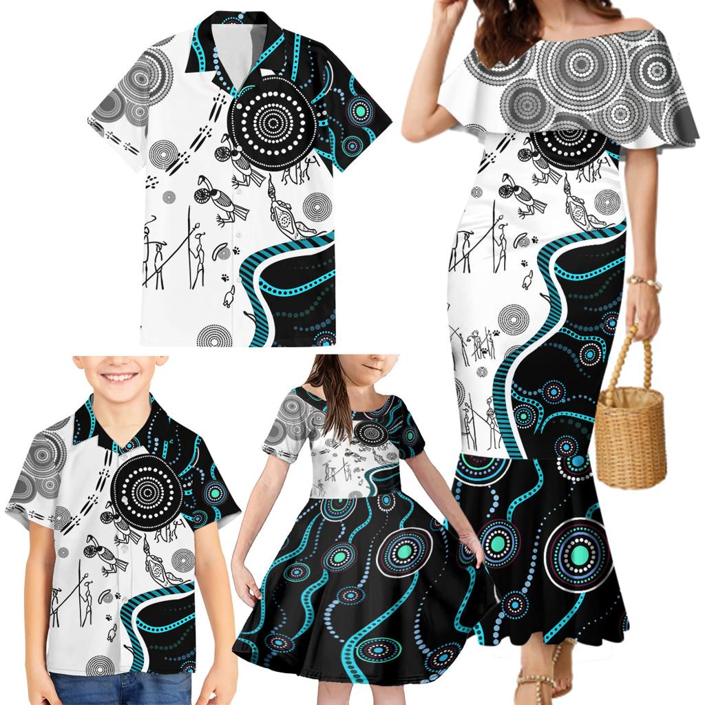 Aboriginal Pattern Torest  Strait Island Family Matching Mermaid Dress and Hawaiian Shirt