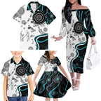 Aboriginal Pattern Torest  Strait Island Family Matching Off Shoulder Long Sleeve Dress and Hawaiian Shirt