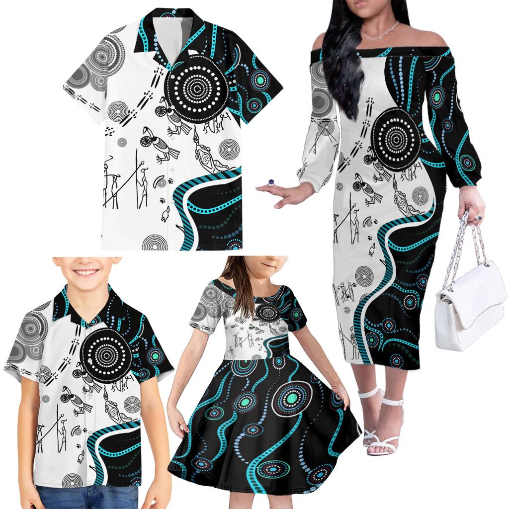 Aboriginal Pattern Torest  Strait Island Family Matching Off Shoulder Long Sleeve Dress and Hawaiian Shirt