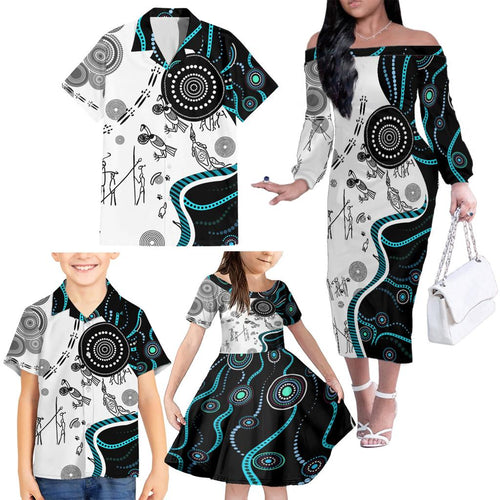 Aboriginal Pattern Torest  Strait Island Family Matching Off Shoulder Long Sleeve Dress and Hawaiian Shirt