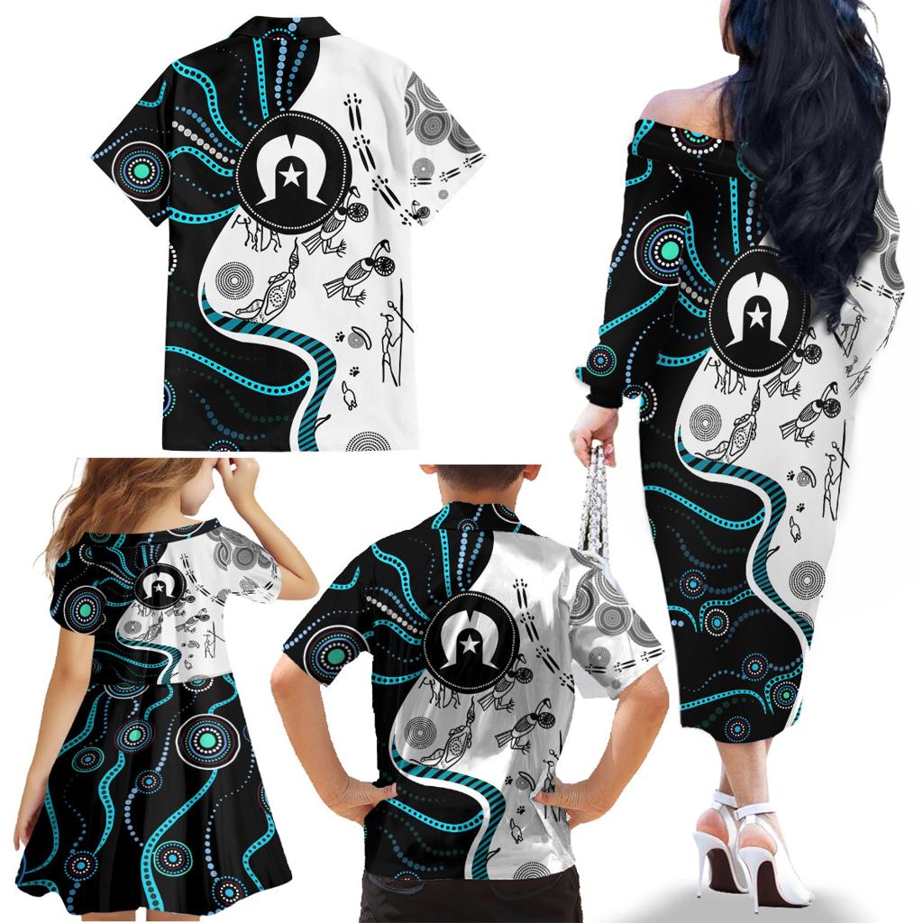 Aboriginal Pattern Torest  Strait Island Family Matching Off Shoulder Long Sleeve Dress and Hawaiian Shirt