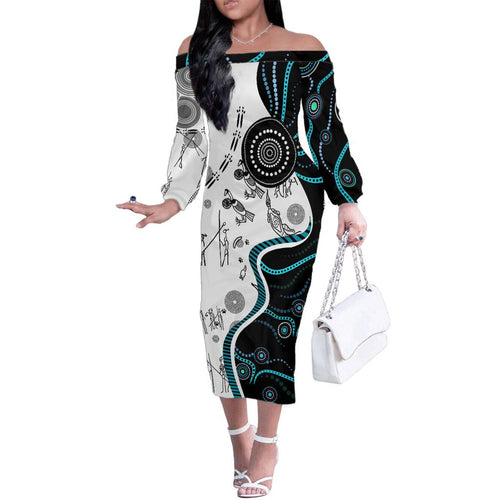 Aboriginal Pattern Torest  Strait Island Family Matching Off Shoulder Long Sleeve Dress and Hawaiian Shirt