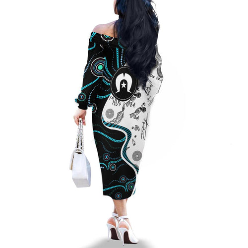 Aboriginal Pattern Torest  Strait Island Family Matching Off Shoulder Long Sleeve Dress and Hawaiian Shirt