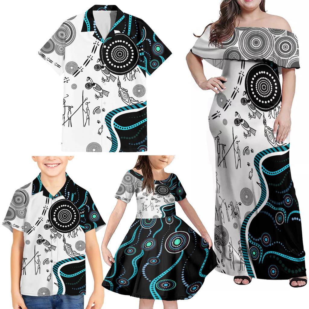 Aboriginal Pattern Torest  Strait Island Family Matching Off Shoulder Maxi Dress and Hawaiian Shirt