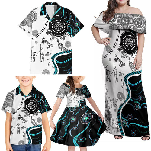 Aboriginal Pattern Torest  Strait Island Family Matching Off Shoulder Maxi Dress and Hawaiian Shirt