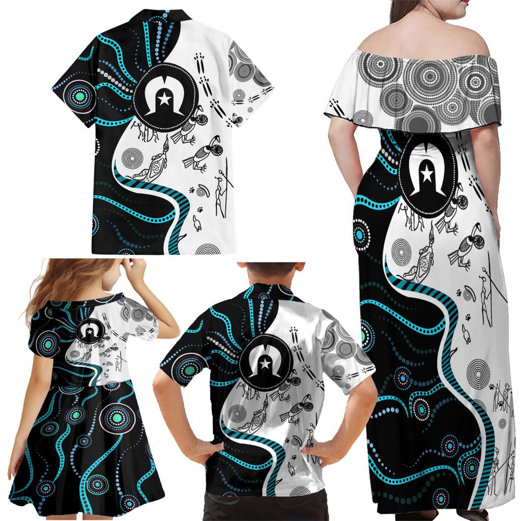 Aboriginal Pattern Torest  Strait Island Family Matching Off Shoulder Maxi Dress and Hawaiian Shirt