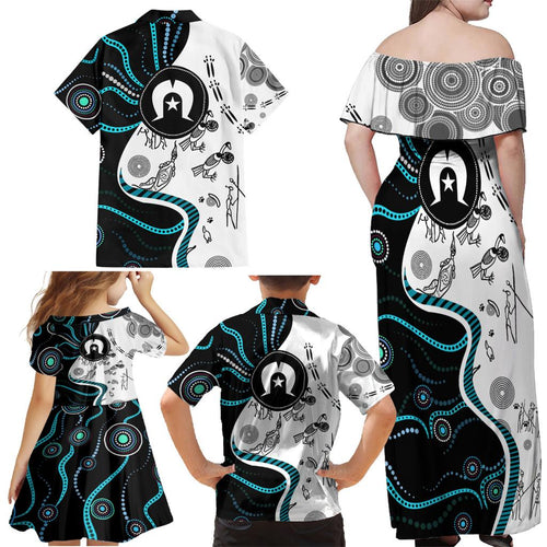 Aboriginal Pattern Torest  Strait Island Family Matching Off Shoulder Maxi Dress and Hawaiian Shirt