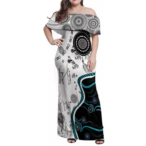 Aboriginal Pattern Torest  Strait Island Family Matching Off Shoulder Maxi Dress and Hawaiian Shirt