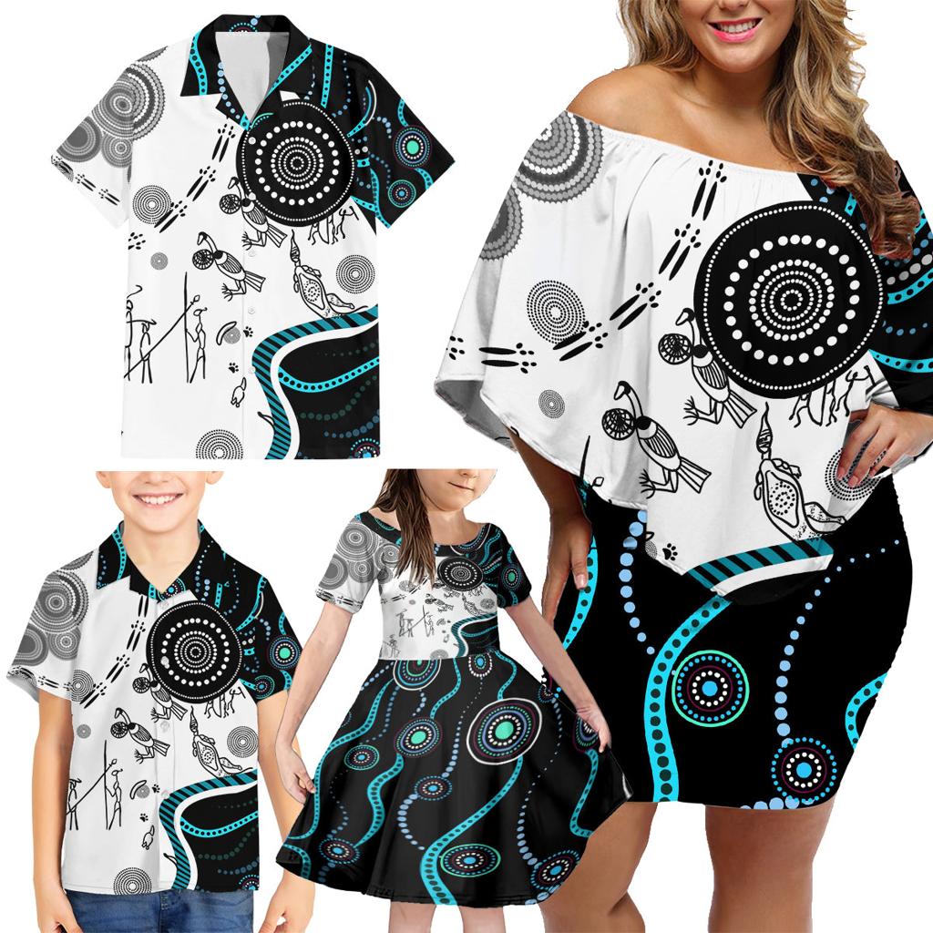 Aboriginal Pattern Torest  Strait Island Family Matching Off Shoulder Short Dress and Hawaiian Shirt