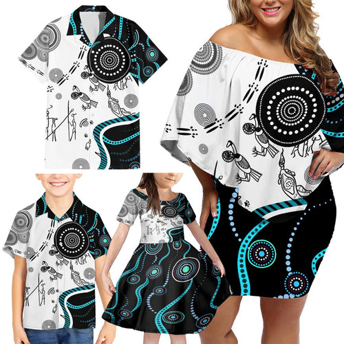 Aboriginal Pattern Torest  Strait Island Family Matching Off Shoulder Short Dress and Hawaiian Shirt
