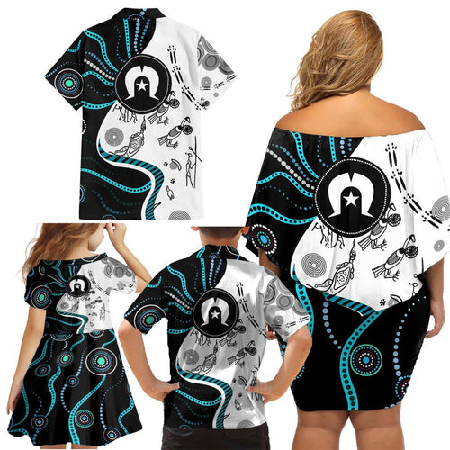 Aboriginal Pattern Torest  Strait Island Family Matching Off Shoulder Short Dress and Hawaiian Shirt