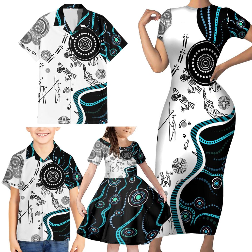 Aboriginal Pattern Torest  Strait Island Family Matching Short Sleeve Bodycon Dress and Hawaiian Shirt