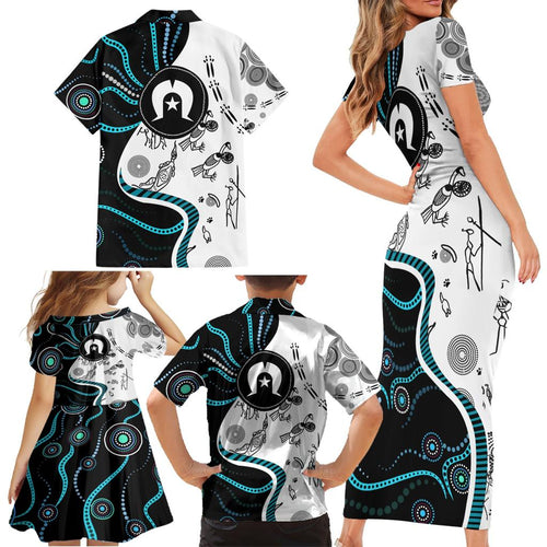 Aboriginal Pattern Torest  Strait Island Family Matching Short Sleeve Bodycon Dress and Hawaiian Shirt