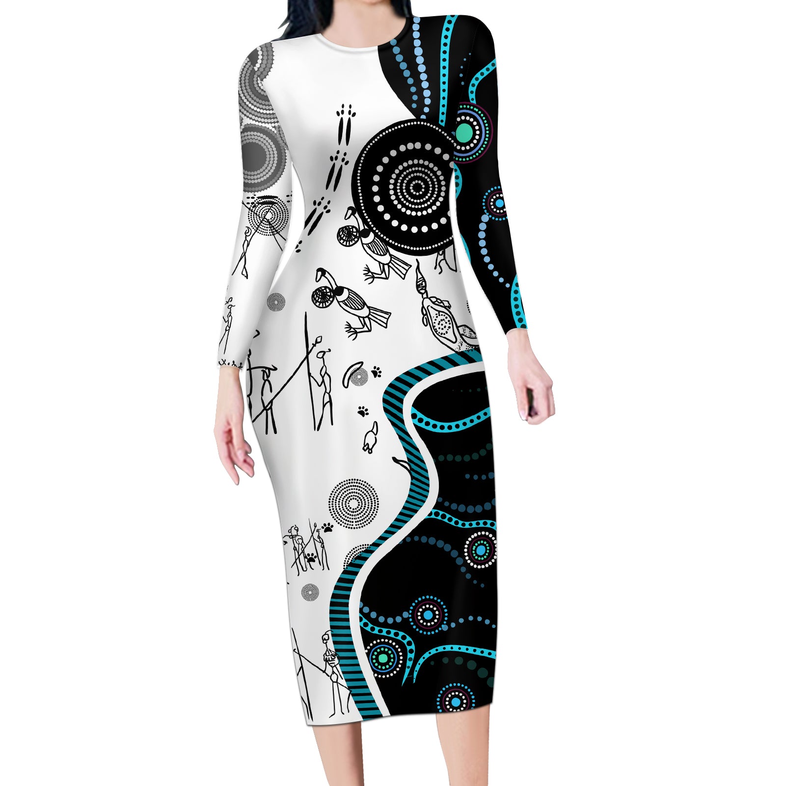 Aboriginal Pattern Torest  Strait Island Long Sleeve Bodycon Dress