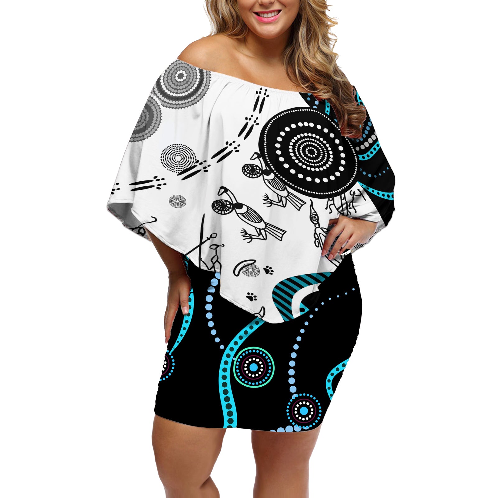 Aboriginal Pattern Torest  Strait Island Off Shoulder Short Dress