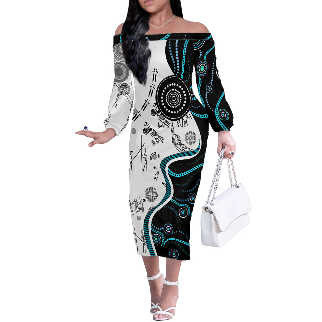 Aboriginal Pattern Torest  Strait Island Off The Shoulder Long Sleeve Dress