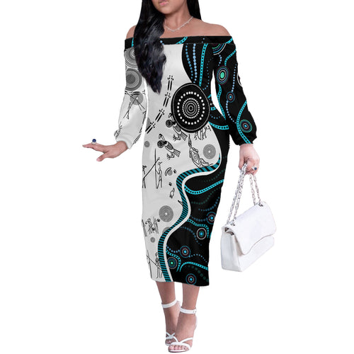 Aboriginal Pattern Torest  Strait Island Off The Shoulder Long Sleeve Dress