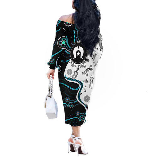 Aboriginal Pattern Torest  Strait Island Off The Shoulder Long Sleeve Dress