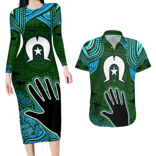 Torest Trait Islands Mix Aboriginal Pattern Couples Matching Long Sleeve Bodycon Dress and Hawaiian Shirt