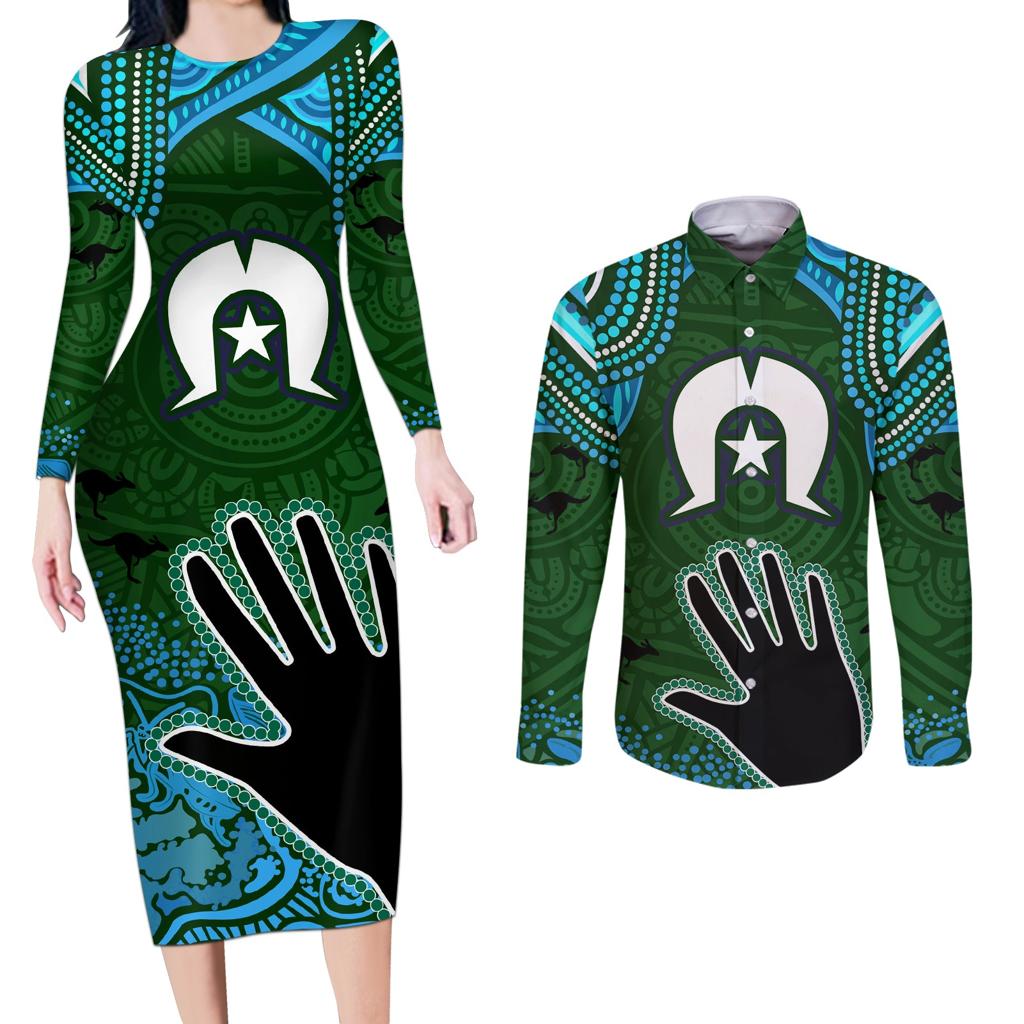 Torest Trait Islands Mix Aboriginal Pattern Couples Matching Long Sleeve Bodycon Dress and Long Sleeve Button Shirt