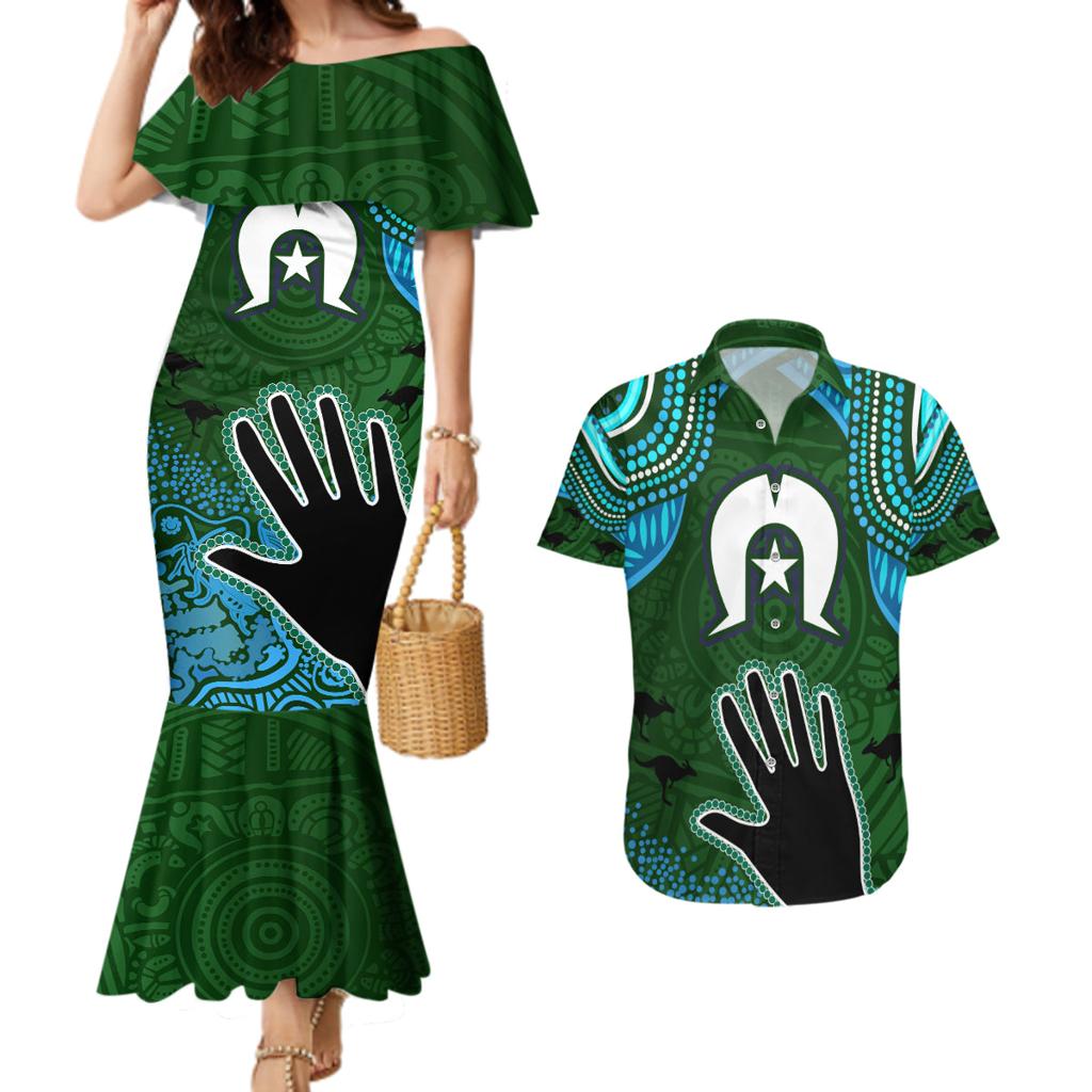 Torest Trait Islands Mix Aboriginal Pattern Couples Matching Mermaid Dress and Hawaiian Shirt
