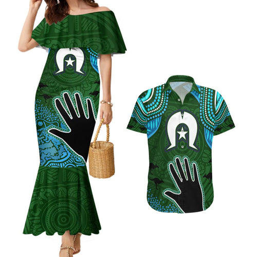 Torest Trait Islands Mix Aboriginal Pattern Couples Matching Mermaid Dress and Hawaiian Shirt