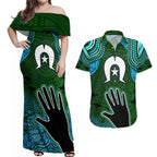 Torest Trait Islands Mix Aboriginal Pattern Couples Matching Off Shoulder Maxi Dress and Hawaiian Shirt