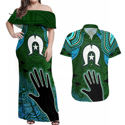 Torest Trait Islands Mix Aboriginal Pattern Couples Matching Off Shoulder Maxi Dress and Hawaiian Shirt
