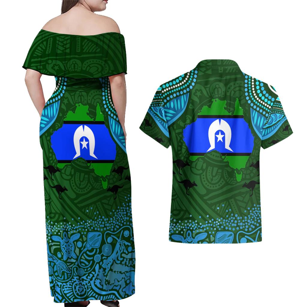 Torest Trait Islands Mix Aboriginal Pattern Couples Matching Off Shoulder Maxi Dress and Hawaiian Shirt