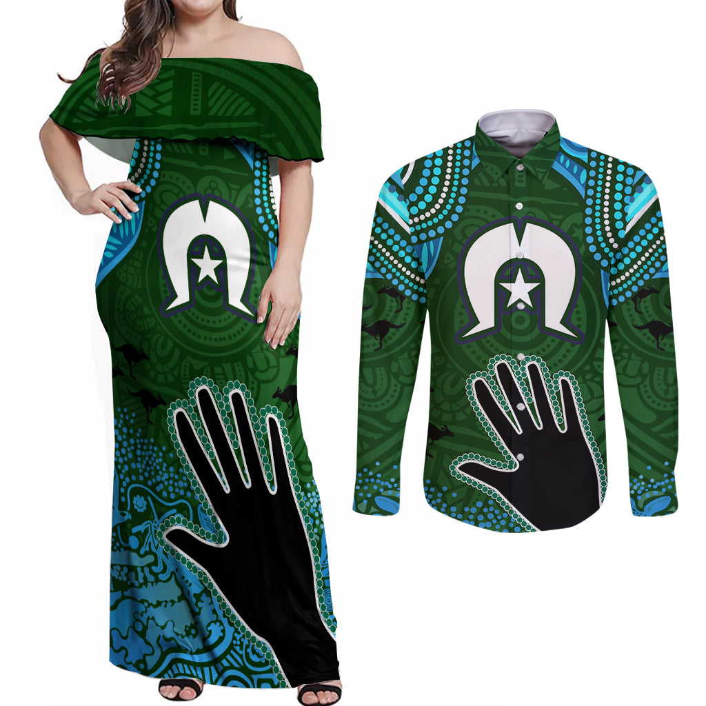 Torest Trait Islands Mix Aboriginal Pattern Couples Matching Off Shoulder Maxi Dress and Long Sleeve Button Shirt