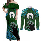 Torest Trait Islands Mix Aboriginal Pattern Couples Matching Off Shoulder Maxi Dress and Long Sleeve Button Shirt