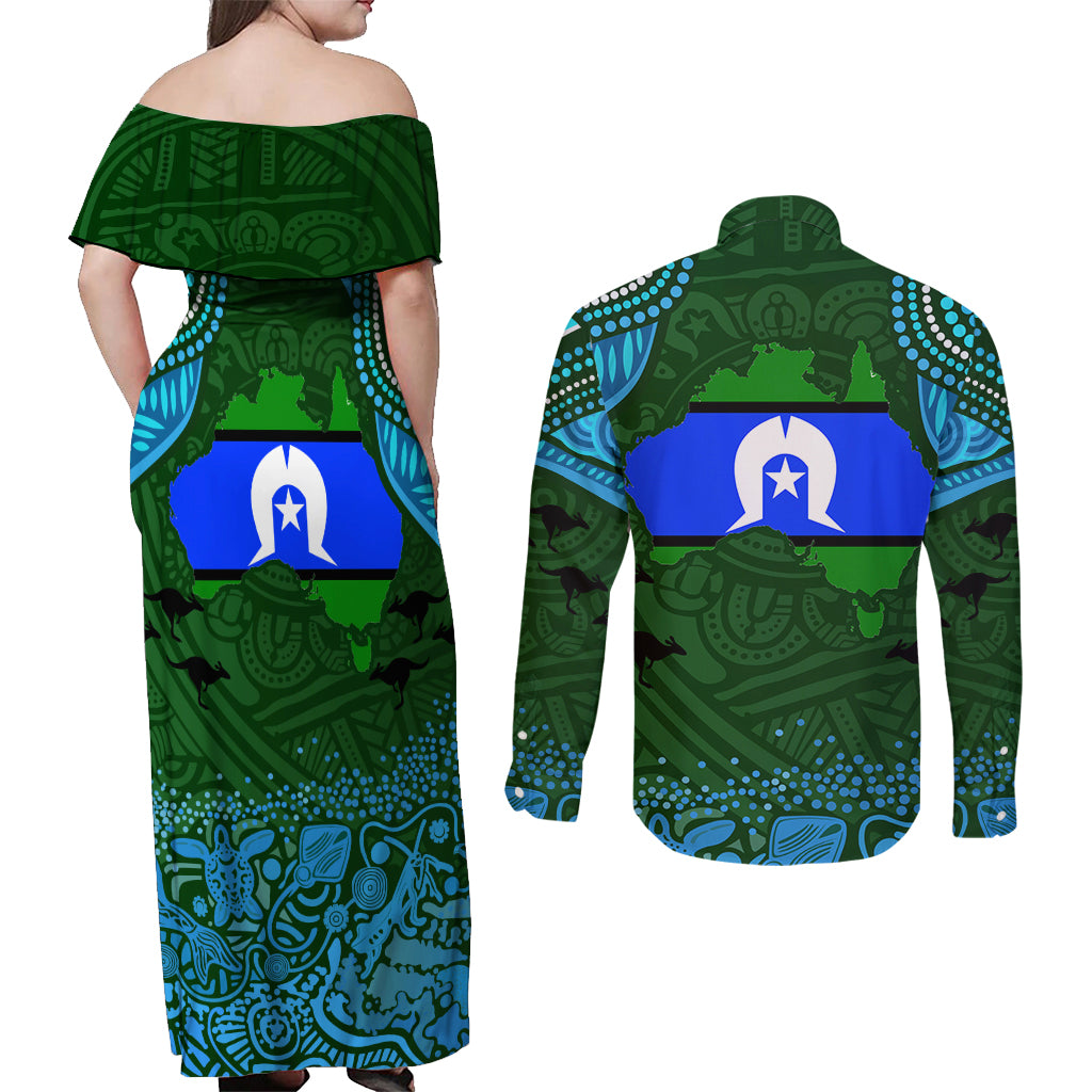 Torest Trait Islands Mix Aboriginal Pattern Couples Matching Off Shoulder Maxi Dress and Long Sleeve Button Shirt