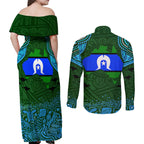 Torest Trait Islands Mix Aboriginal Pattern Couples Matching Off Shoulder Maxi Dress and Long Sleeve Button Shirt