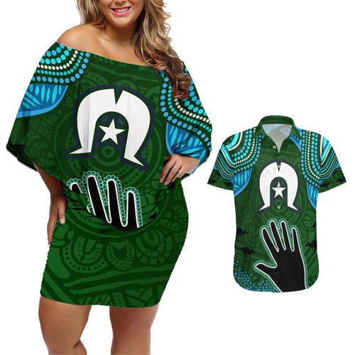 Torest Trait Islands Mix Aboriginal Pattern Couples Matching Off Shoulder Short Dress and Hawaiian Shirt