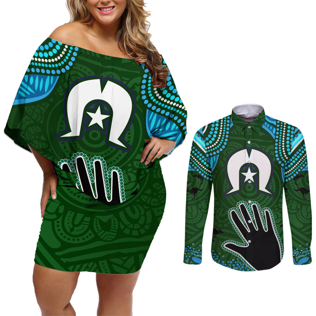 Torest Trait Islands Mix Aboriginal Pattern Couples Matching Off Shoulder Short Dress and Long Sleeve Button Shirt