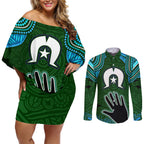 Torest Trait Islands Mix Aboriginal Pattern Couples Matching Off Shoulder Short Dress and Long Sleeve Button Shirt