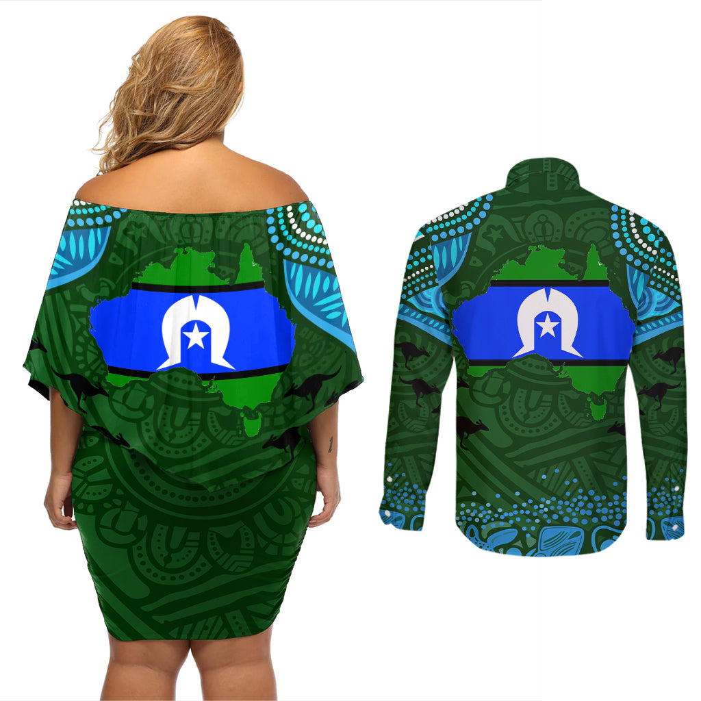 Torest Trait Islands Mix Aboriginal Pattern Couples Matching Off Shoulder Short Dress and Long Sleeve Button Shirt