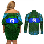 Torest Trait Islands Mix Aboriginal Pattern Couples Matching Off Shoulder Short Dress and Long Sleeve Button Shirt