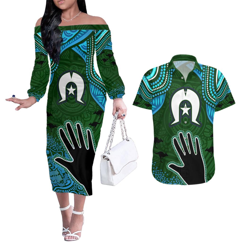 Torest Trait Islands Mix Aboriginal Pattern Couples Matching Off The Shoulder Long Sleeve Dress and Hawaiian Shirt