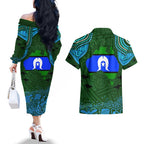 Torest Trait Islands Mix Aboriginal Pattern Couples Matching Off The Shoulder Long Sleeve Dress and Hawaiian Shirt