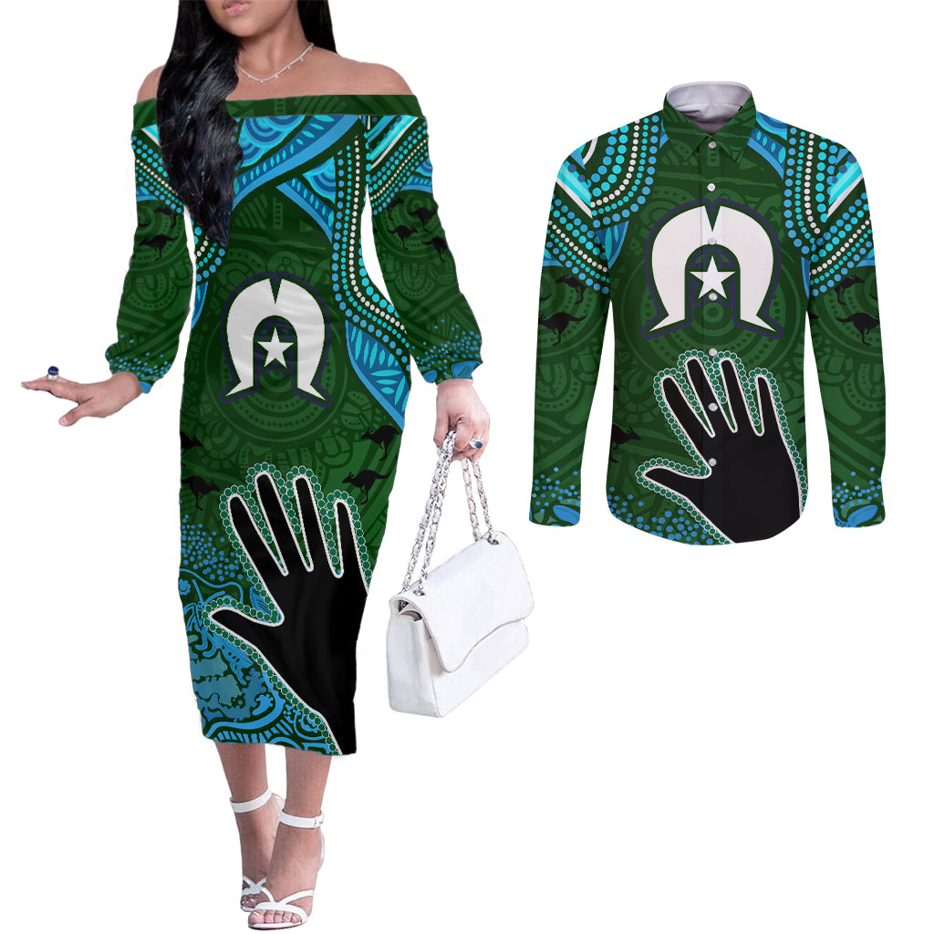 Torest Trait Islands Mix Aboriginal Pattern Couples Matching Off The Shoulder Long Sleeve Dress and Long Sleeve Button Shirt