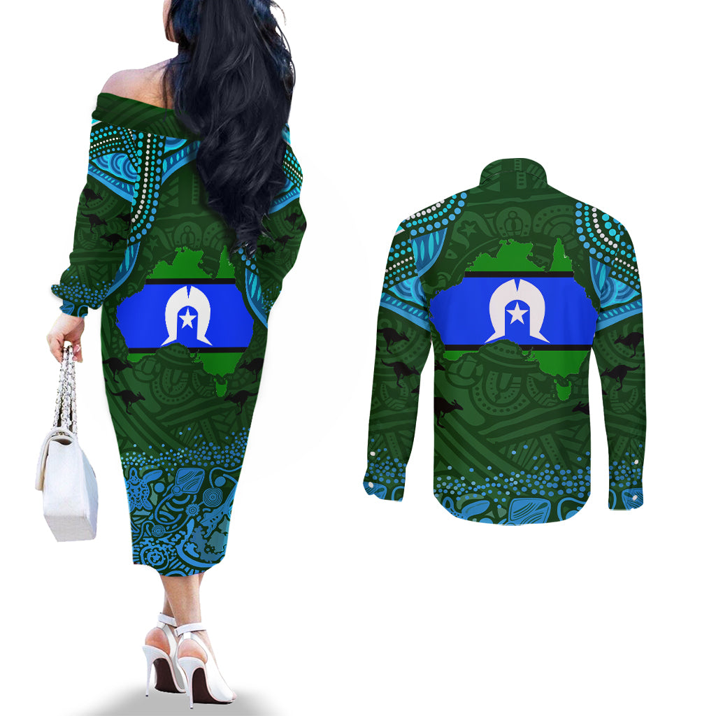 Torest Trait Islands Mix Aboriginal Pattern Couples Matching Off The Shoulder Long Sleeve Dress and Long Sleeve Button Shirt
